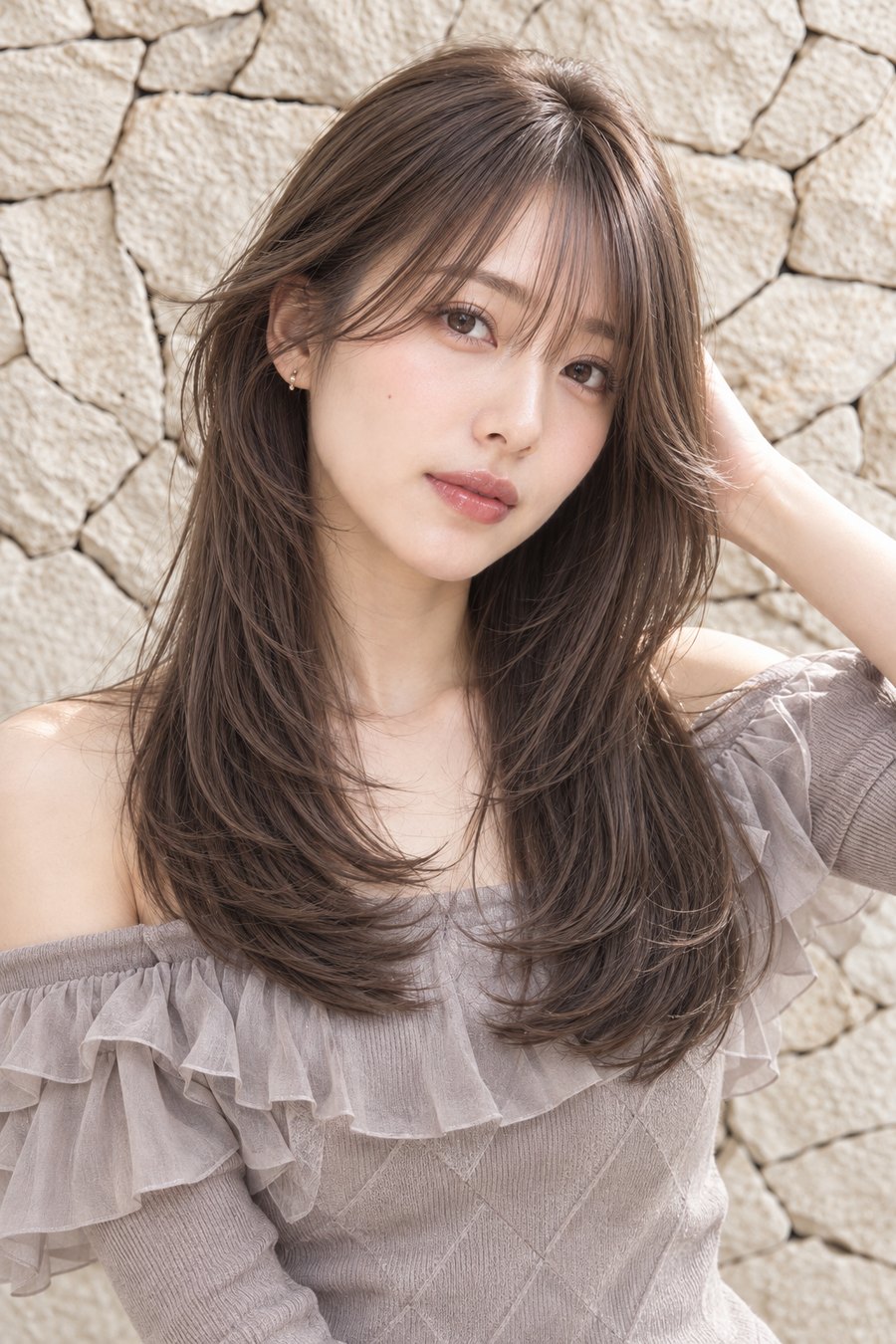 顔まわりレイヤーで小顔見えする福島の艶ロング