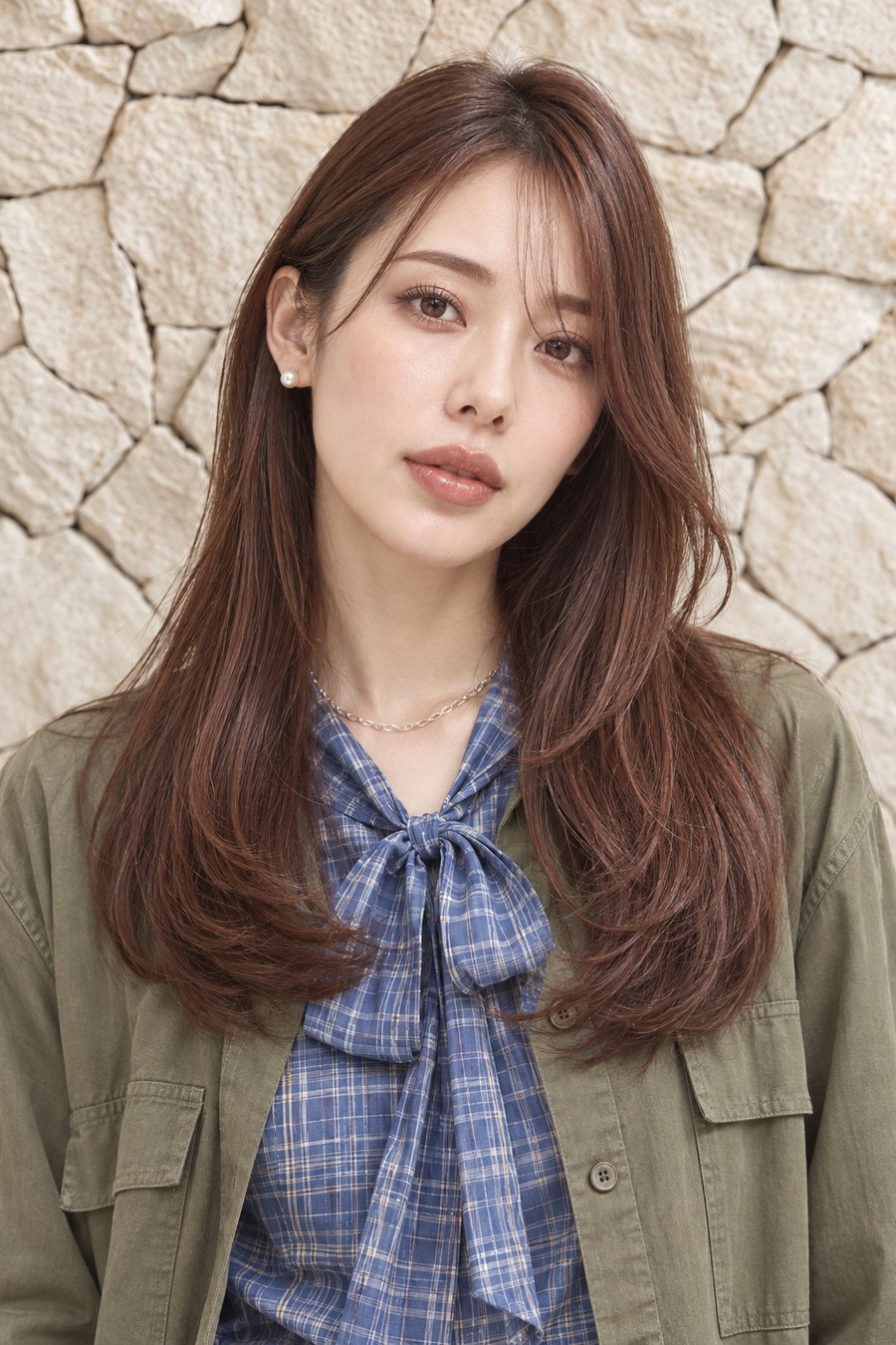 GUのボウタイチェックブラウスに似合う髪型|福島の紅葉デートコーデ