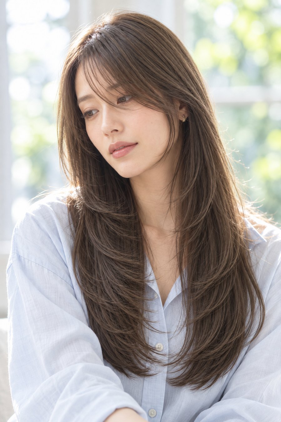 髪ドラ艶ロング韓国風流し前髪オリーブ
