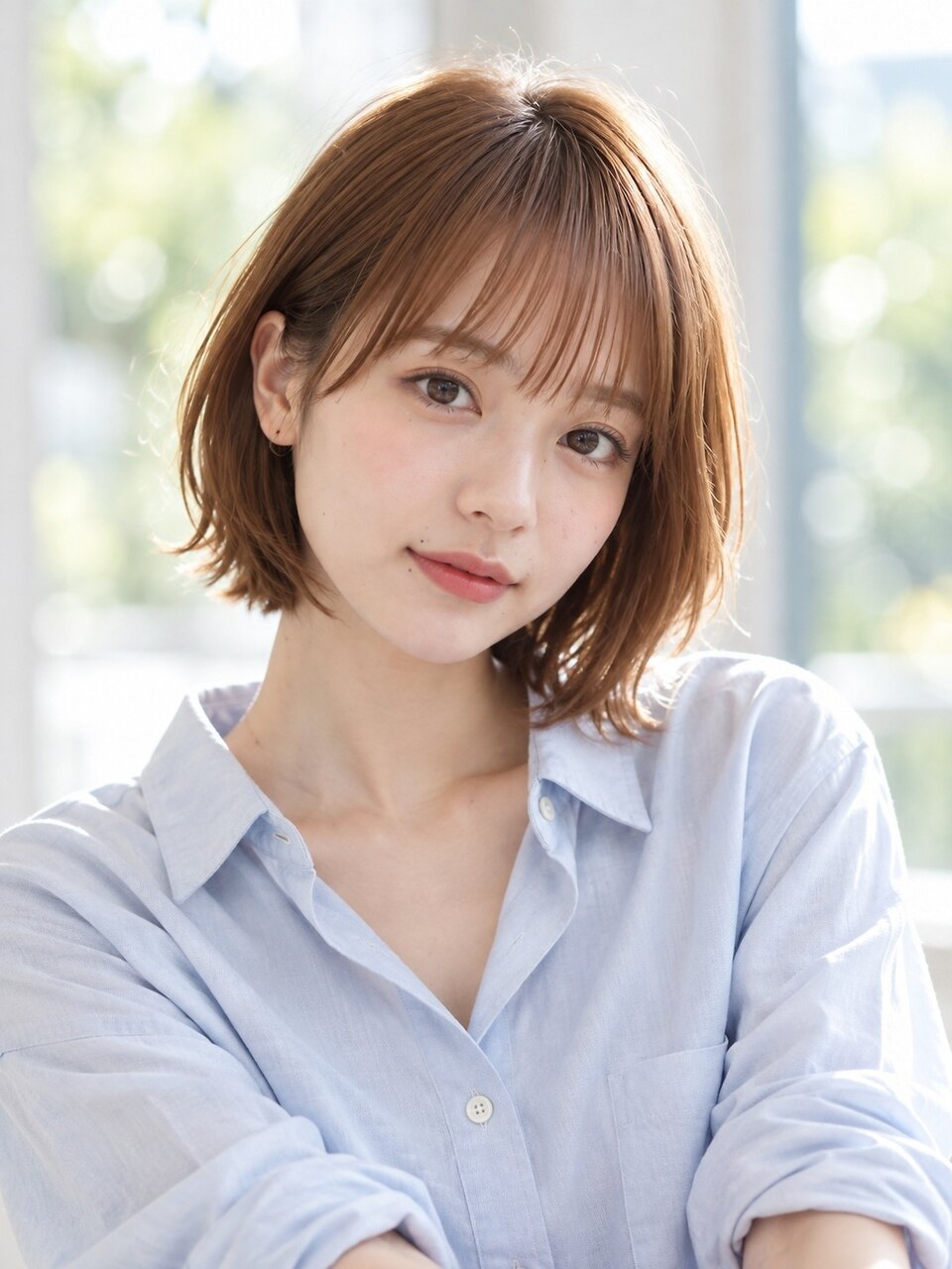 明るめベージュの前髪ありボブ